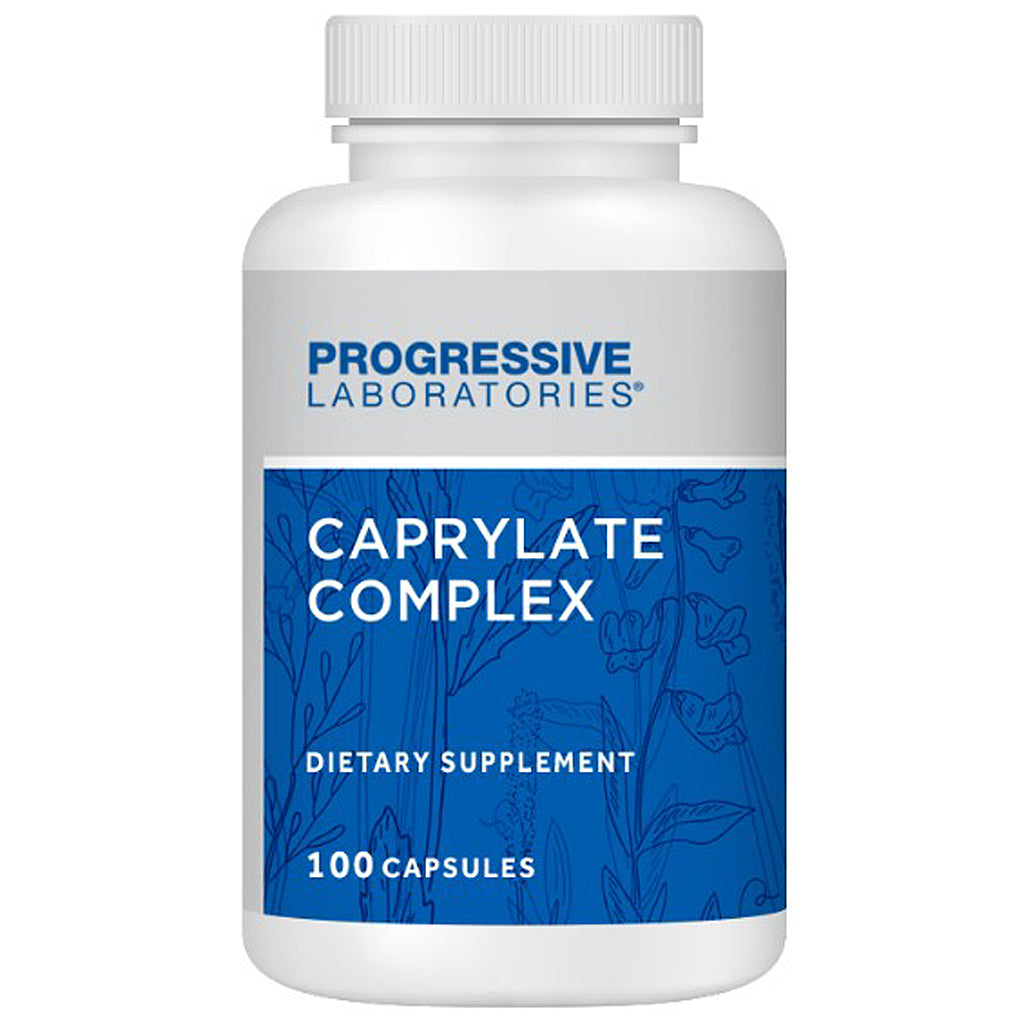 A white plastic bottle of Progressive Laboratories Caprylate Complex dietary supplement with a blue and white label, shown on a plain white background.