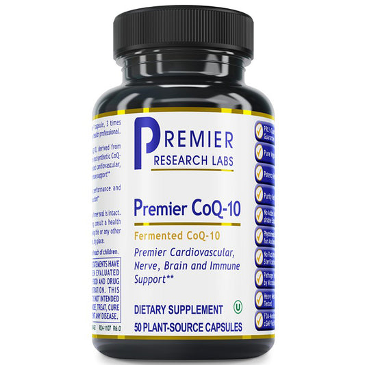 A black plastic bottle of Premier Research Labs Premier CoQ-10 dietary supplement with a white and blue label, shown on a plain white background.