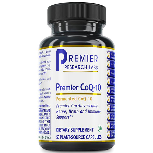 A black plastic bottle of Premier Research Labs Premier CoQ-10 dietary supplement with a white and blue label, shown on a plain white background.