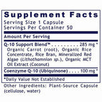 A close-up of a supplement facts label showing the Supplement Facts panel for Q-10 Support Blend, with serving size 1 capsule, 50 servings per container, and listed ingredients including organic carrot, rice bran, and Coenzyme Q-10.