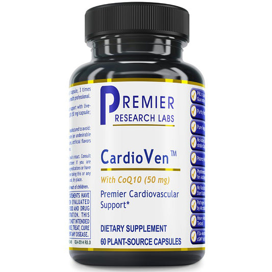 Bottle of Premier Research Labs CardioVen dietary supplement on a white background