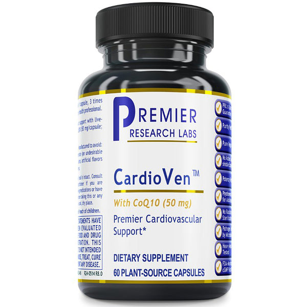 Bottle of Premier Research Labs CardioVen dietary supplement on a white background