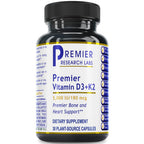 A black plastic bottle of Premier Research Labs Premier Vitamin D3+K2 dietary supplement with a white label and black cap, shown on a plain white background.