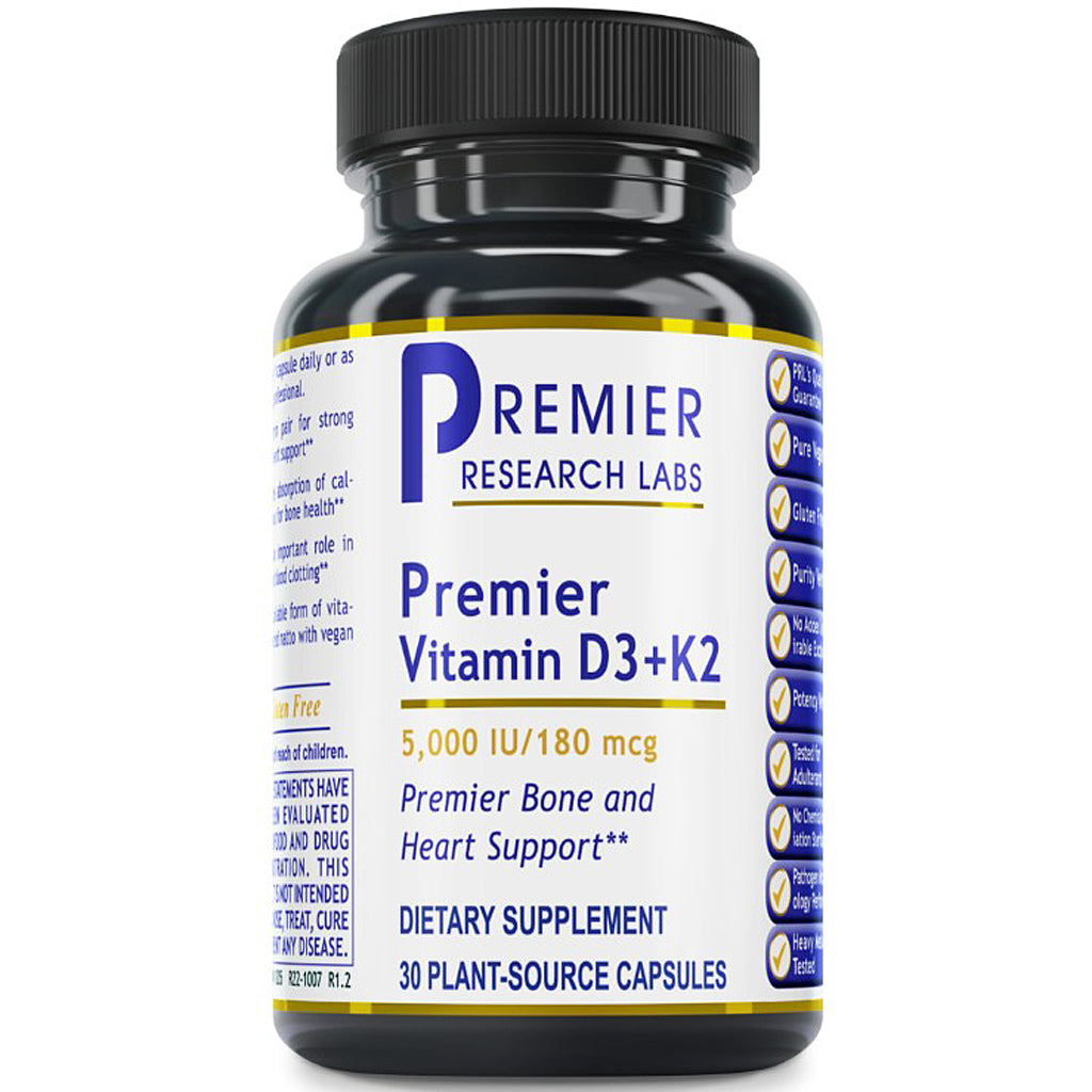 A black plastic bottle of Premier Research Labs Premier Vitamin D3+K2 dietary supplement with a white label and black cap, shown on a plain white background.