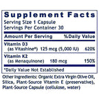 A close-up of a supplement facts label showing Vitamin D3 and Vitamin K2 amounts, with Vitashine and Menaquinone listed. The label is white with dark blue text and borders.