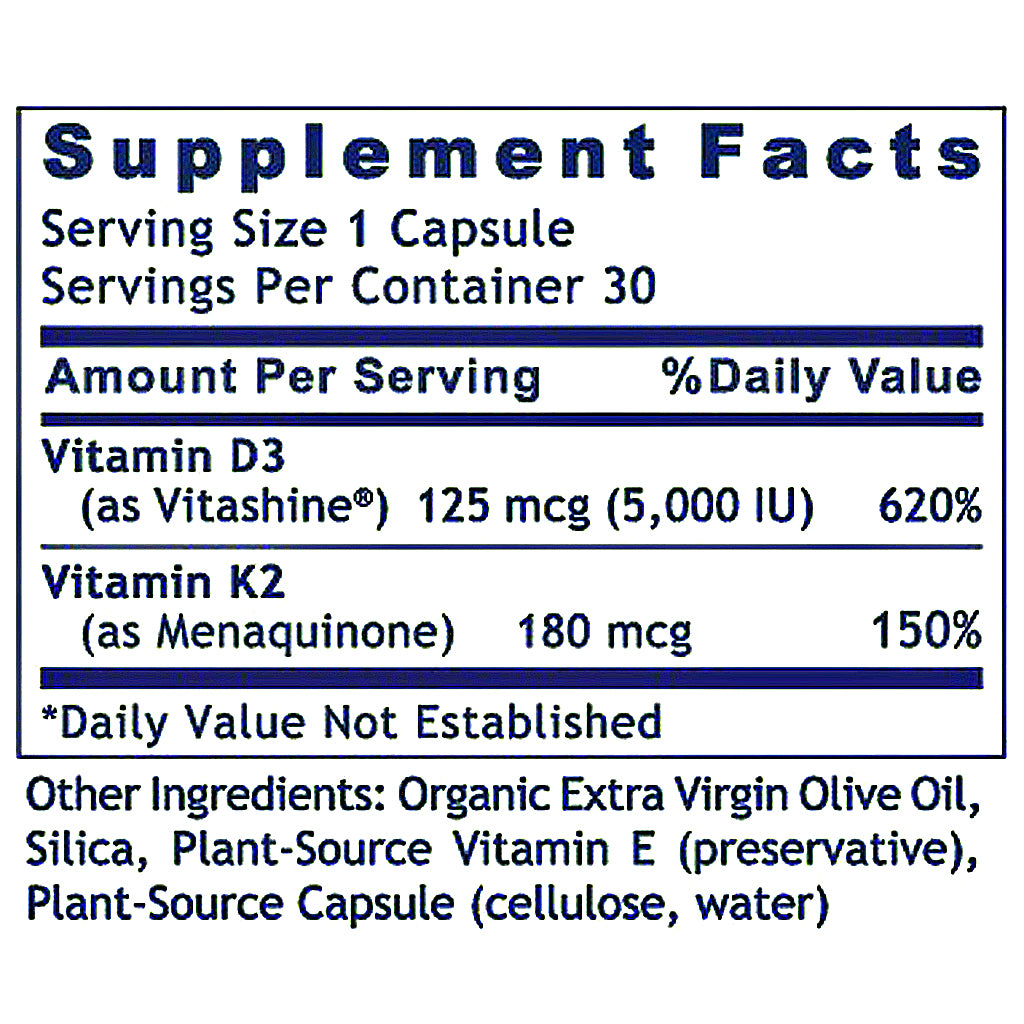 A close-up of a supplement facts label showing Vitamin D3 and Vitamin K2 amounts, with Vitashine and Menaquinone listed. The label is white with dark blue text and borders.