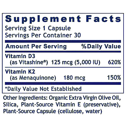 A close-up of a supplement facts label showing Vitamin D3 and Vitamin K2 amounts, with Vitashine and Menaquinone listed. The label is white with dark blue text and borders.