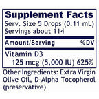 A close-up of a supplement facts label showing Vitamin D3 content: 125 mcg (5,000 IU) with 625% DV, plus other ingredients including extra virgin olive oil and D-alpha tocopherol, on a white background.