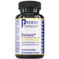 A black plastic bottle of Premier Research Labs Deltanol dietary supplement with a white label, blue and yellow text, and a black ribbed cap, shown on a white background.