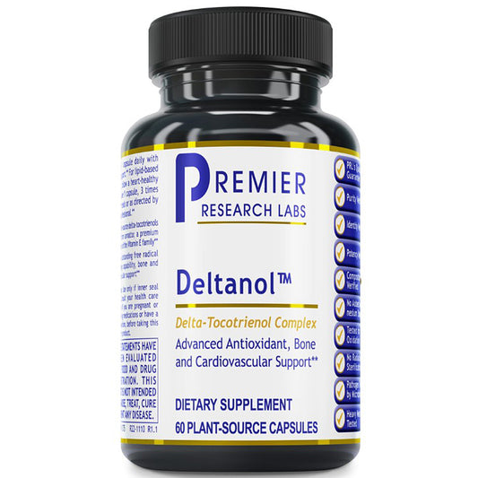 A black plastic bottle of Premier Research Labs Deltanol dietary supplement with a white label, blue and yellow text, and a black ribbed cap, shown on a white background.