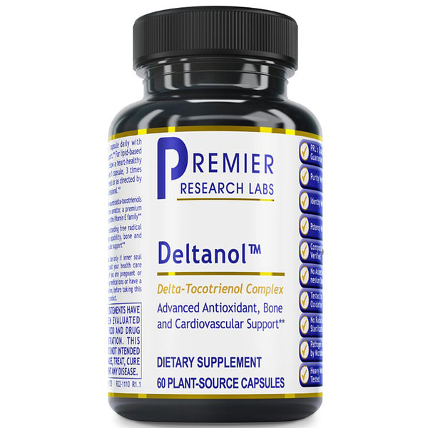 A black plastic bottle of Premier Research Labs Deltanol dietary supplement with a white label, blue and yellow text, and a black ribbed cap, shown on a white background.