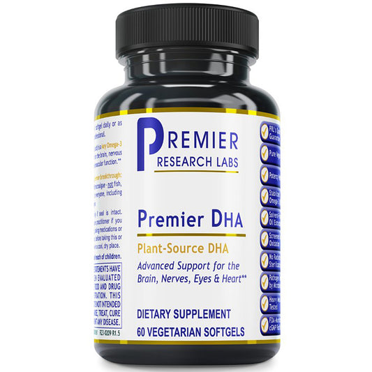 A black plastic bottle of Premier Research Labs Premier DHA dietary supplement with a white label, blue and gold text, and a black ribbed cap, shown on a white background.