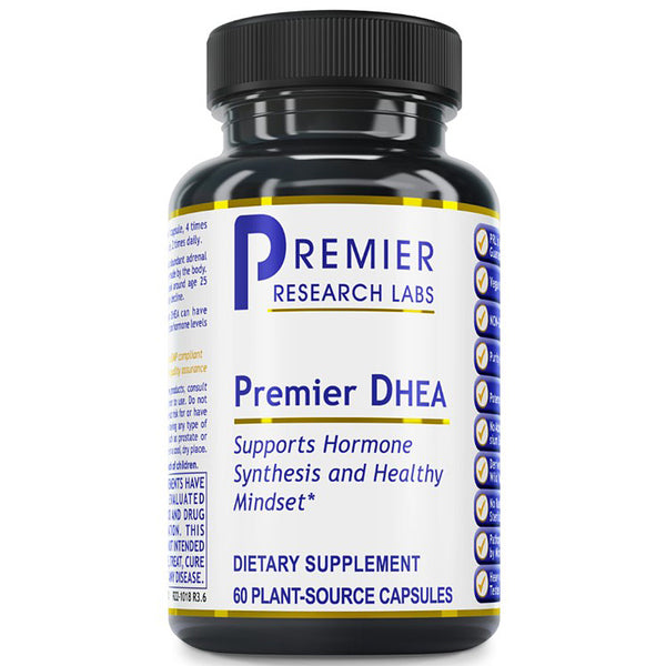 A black plastic bottle of Premier Research Labs Premier DHEA dietary supplement with a white label and blue text, shown on a plain white background.