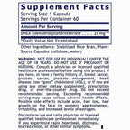 A Supplement Facts label panel with black text on a white background, showing serving size 1 capsule, 60 servings per container, and a warning for individuals under the age of 18.