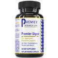 A black plastic bottle of Premier Research Labs Premier Digest dietary supplement with a white label, blue and yellow text, and a black ribbed cap, shown on a white background.