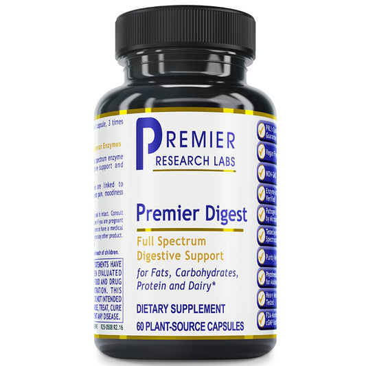 A black plastic bottle of Premier Research Labs Premier Digest dietary supplement with a white label, blue and yellow text, and a black ribbed cap, shown on a white background.
