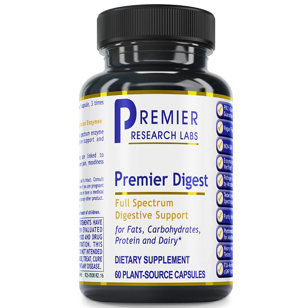 A black plastic bottle of Premier Research Labs Premier Digest dietary supplement with a white label, blue and yellow text, and a black ribbed cap, shown on a white background.