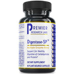 A black plastic bottle of Premier Research Labs Digestase-SP Multiple Enzyme Blend dietary supplement, containing 60 plant-source capsules, shown on a plain white background.