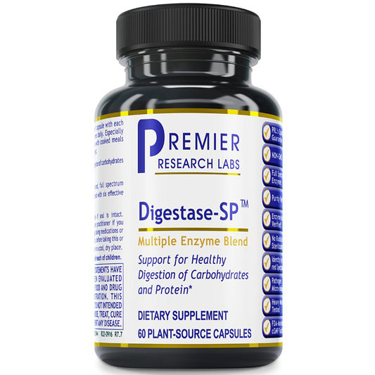 A black plastic bottle of Premier Research Labs Digestase-SP Multiple Enzyme Blend dietary supplement, containing 60 plant-source capsules, shown on a plain white background.
