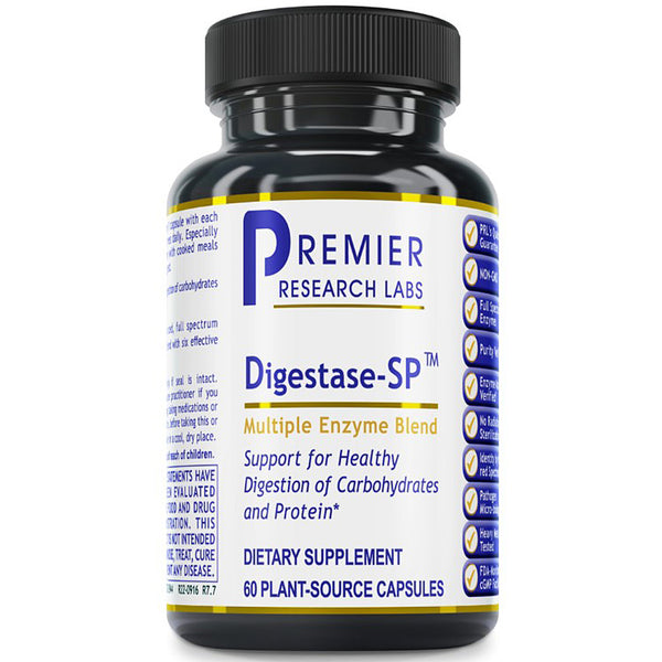 A black plastic bottle of Premier Research Labs Digestase-SP Multiple Enzyme Blend dietary supplement, containing 60 plant-source capsules, shown on a plain white background.