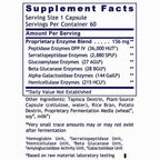 A Supplement Facts label showing a 'Proprietary Enzyme Blend' with listed enzymes such as peptidase, serratiopeptidase, glucoamylase, beta glucanase, alpha-galactosidase, and hemicellulose enzymes, plus serving size and other ingredients.