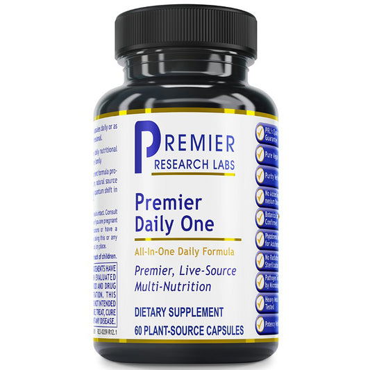 A black plastic bottle of Premier Research Labs Premier Daily One dietary supplement with a white and blue label, shown on a plain white background.