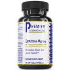 A black plastic bottle of Premier Research Labs EPA/DHA Marine dietary supplement with a white and blue label, shown on a plain white background.
