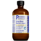 An 8 fl oz amber glass bottle of Premier Research Labs EPA/DHA Marine Liquid dietary supplement with a black cap and a white, blue, and yellow label.