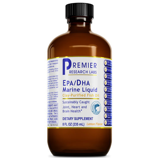 An 8 fl oz amber glass bottle of Premier Research Labs EPA/DHA Marine Liquid dietary supplement with a black cap and a white, blue, and yellow label.