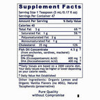 A supplement facts label for a fish oil concentrate product, showing a nutrition panel with serving size 1 teaspoon, calories, fat content, EPA and DHA amounts, and other ingredients including organic lemon and organic vanilla flavors.