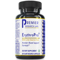 A black plastic bottle of Premier Research Labs ErythroPro dietary supplement with a white, blue, and gold label, containing 60 plant-source capsules.