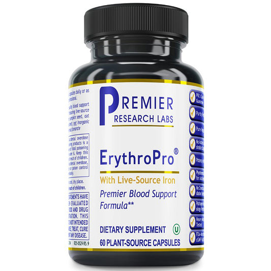 A black plastic bottle of Premier Research Labs ErythroPro dietary supplement with a white, blue, and gold label, containing 60 plant-source capsules.