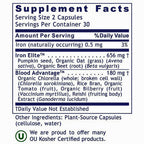 A close-up of a supplement facts label showing Supplement Facts for a capsule product. The label lists Iron Elite and Blood Advantage ingredients with amounts and ingredient breakdowns, plus a kosher certification mark and text stating many OU Kosher Certified products are offered.