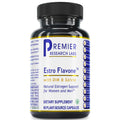 A black plastic bottle of Premier Research Labs Estro Flavone dietary supplement with a white label and blue text, shown on a plain white background.