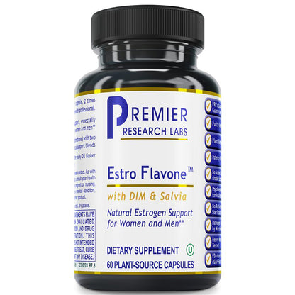 A black plastic bottle of Premier Research Labs Estro Flavone dietary supplement with a white label and blue text, shown on a plain white background.