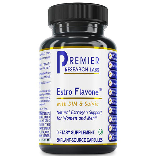 A black plastic bottle of Premier Research Labs Estro Flavone dietary supplement with a white label and blue text, shown on a plain white background.