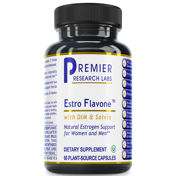 A black plastic bottle of Premier Research Labs Estro Flavone dietary supplement with a white label and blue text, shown on a plain white background.
