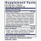 A close-up of a supplement facts label showing the Supplement Facts panel for Ultra Phyto-Support, with serving size 1 capsule and a list of ingredients and daily values.