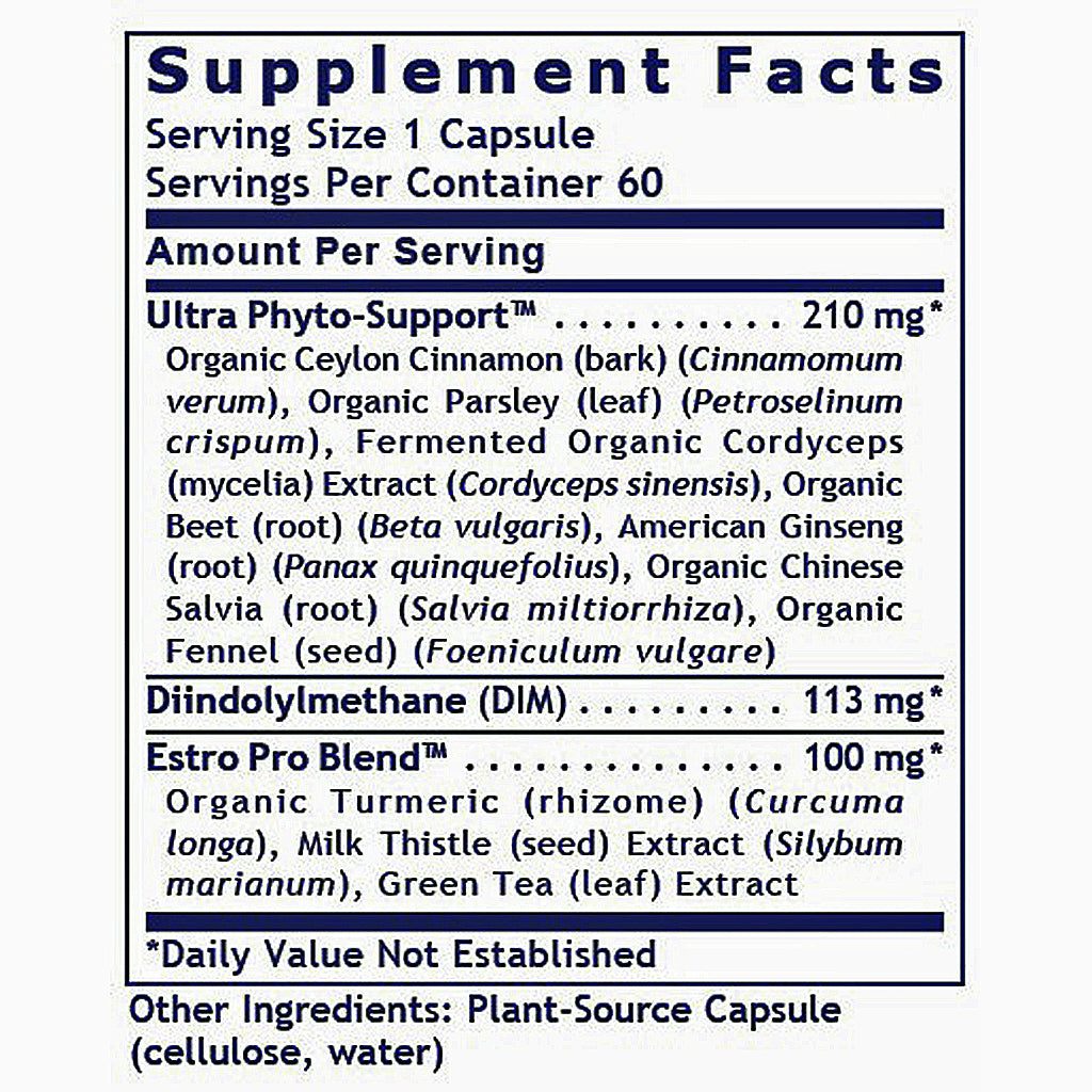 A close-up of a supplement facts label showing the Supplement Facts panel for Ultra Phyto-Support, with serving size 1 capsule and a list of ingredients and daily values.