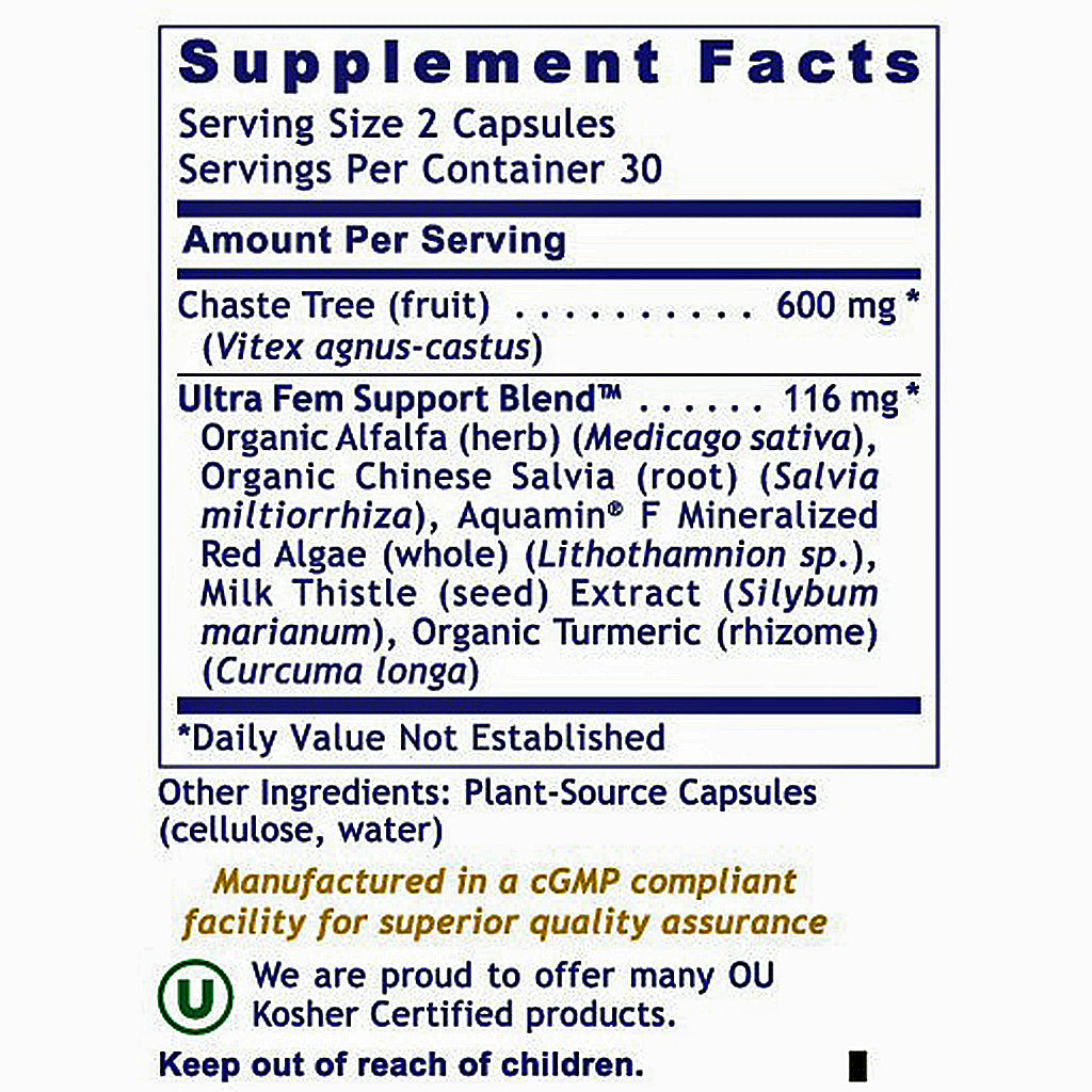 A Supplement Facts label panel showing product information for Ultra Fem Support Blend, including serving size, calories, ingredients, and manufacturer text on a white background.