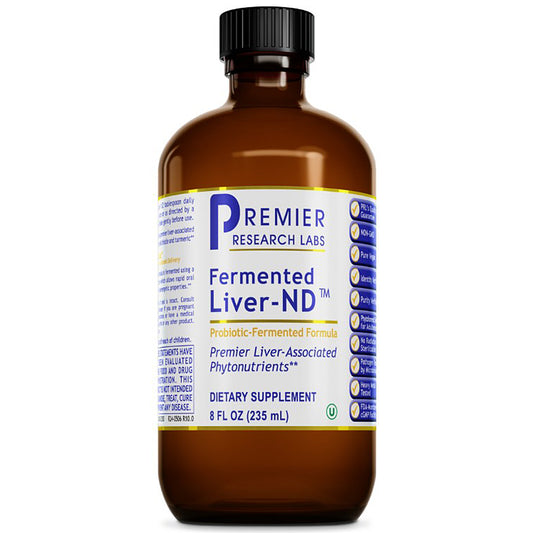 An 8 fl oz amber glass bottle of Premier Research Labs Fermented Liver-ND dietary supplement with a black cap and a white, blue, and yellow label, shown on a white background.
