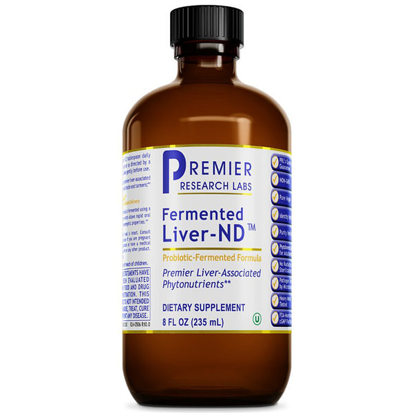 An 8 fl oz amber glass bottle of Premier Research Labs Fermented Liver-ND dietary supplement with a black cap and a white, blue, and yellow label, shown on a white background.