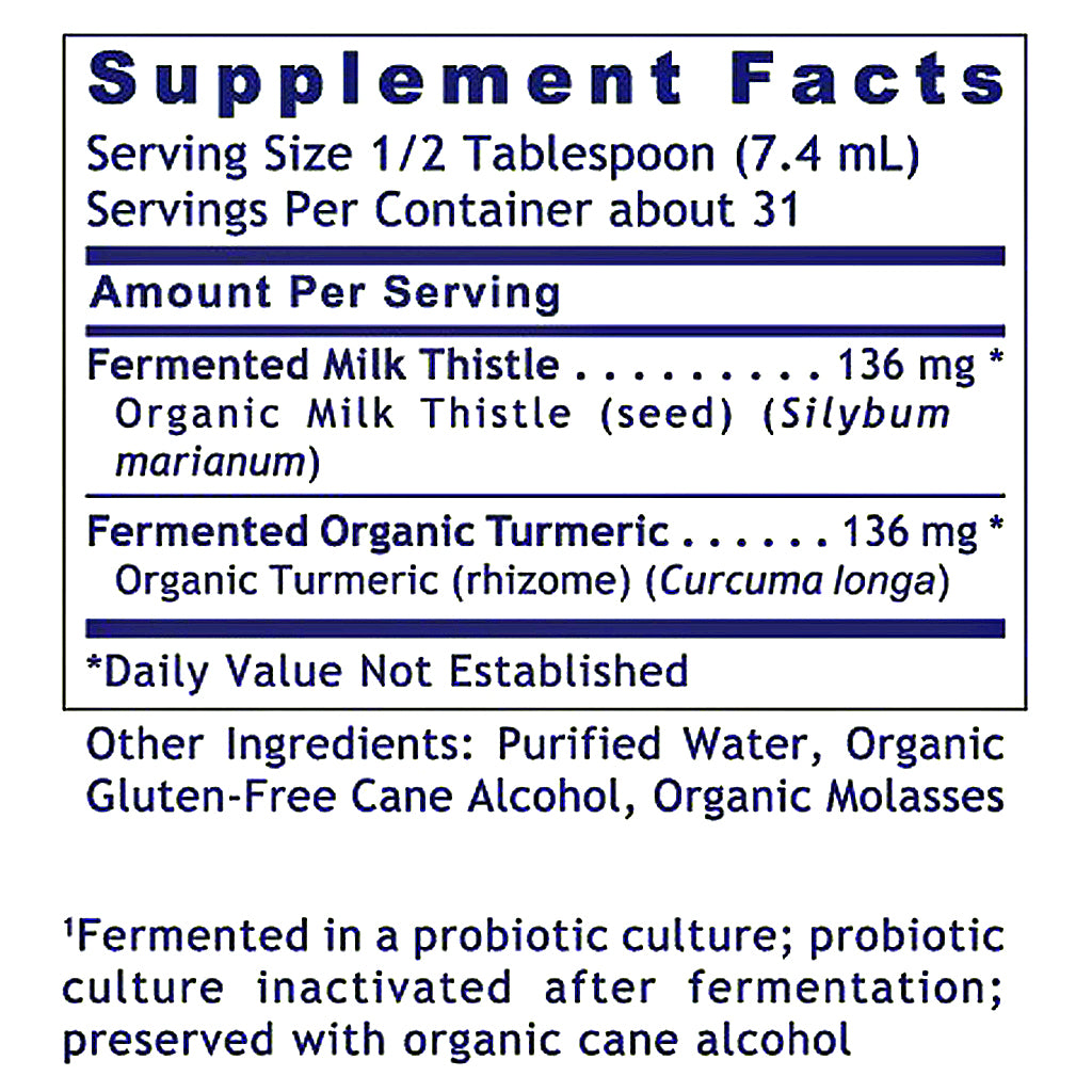 A Supplement Facts label showing serving size 1/2 tablespoon, servings per container about 31, and product ingredients including Fermented Milk Thistle at 136 mg and Fermented Organic Turmeric at 136 mg.