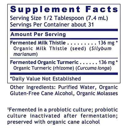 A Supplement Facts label showing serving size 1/2 tablespoon, servings per container about 31, and product ingredients including Fermented Milk Thistle at 136 mg and Fermented Organic Turmeric at 136 mg.