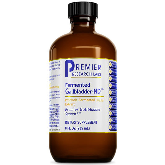 An 8 fl oz amber glass bottle of Premier Research Labs Fermented Gallbladder-ND dietary supplement with a black cap and a white, blue, and gold label, shown on a white background.
