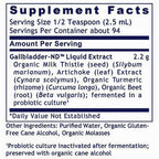 Supplement Facts label for Gallbladder-ND Liquid Extract, showing serving size, servings per container, and ingredients list on a white background.