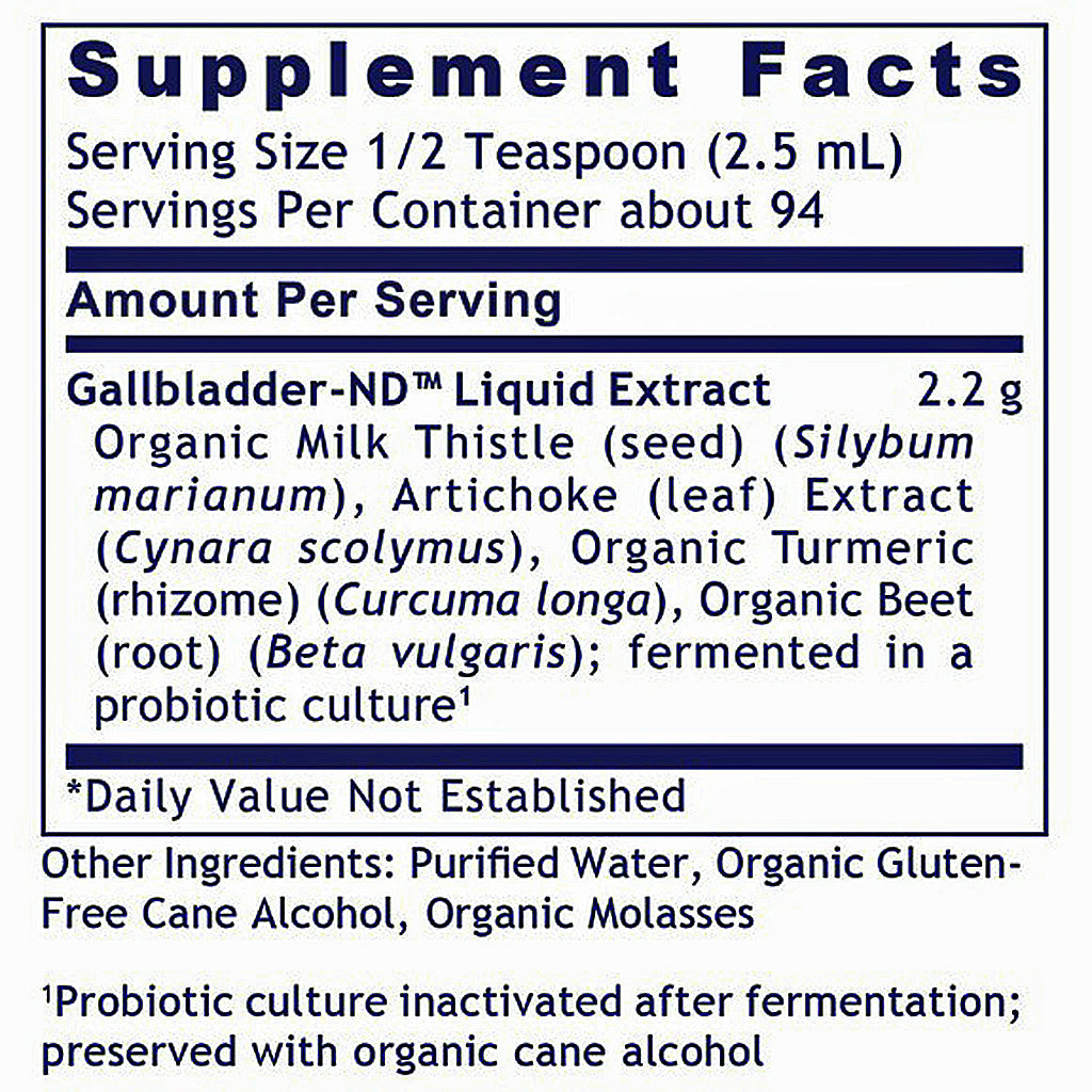 Supplement Facts label for Gallbladder-ND Liquid Extract, showing serving size, servings per container, and ingredients list on a white background.