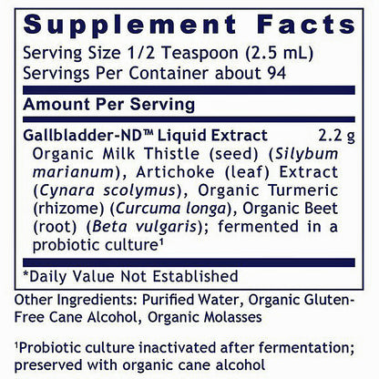 Supplement Facts label for Gallbladder-ND Liquid Extract, showing serving size, servings per container, and ingredients list on a white background.