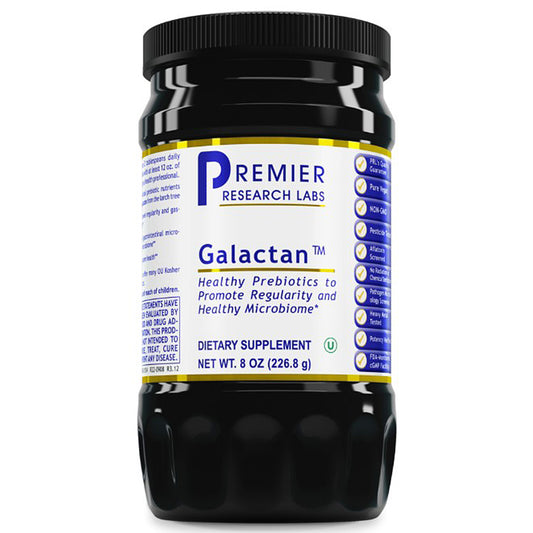 A black plastic jar of Premier Research Labs Galactan dietary supplement with a white, blue, and yellow label, shown on a plain white background.