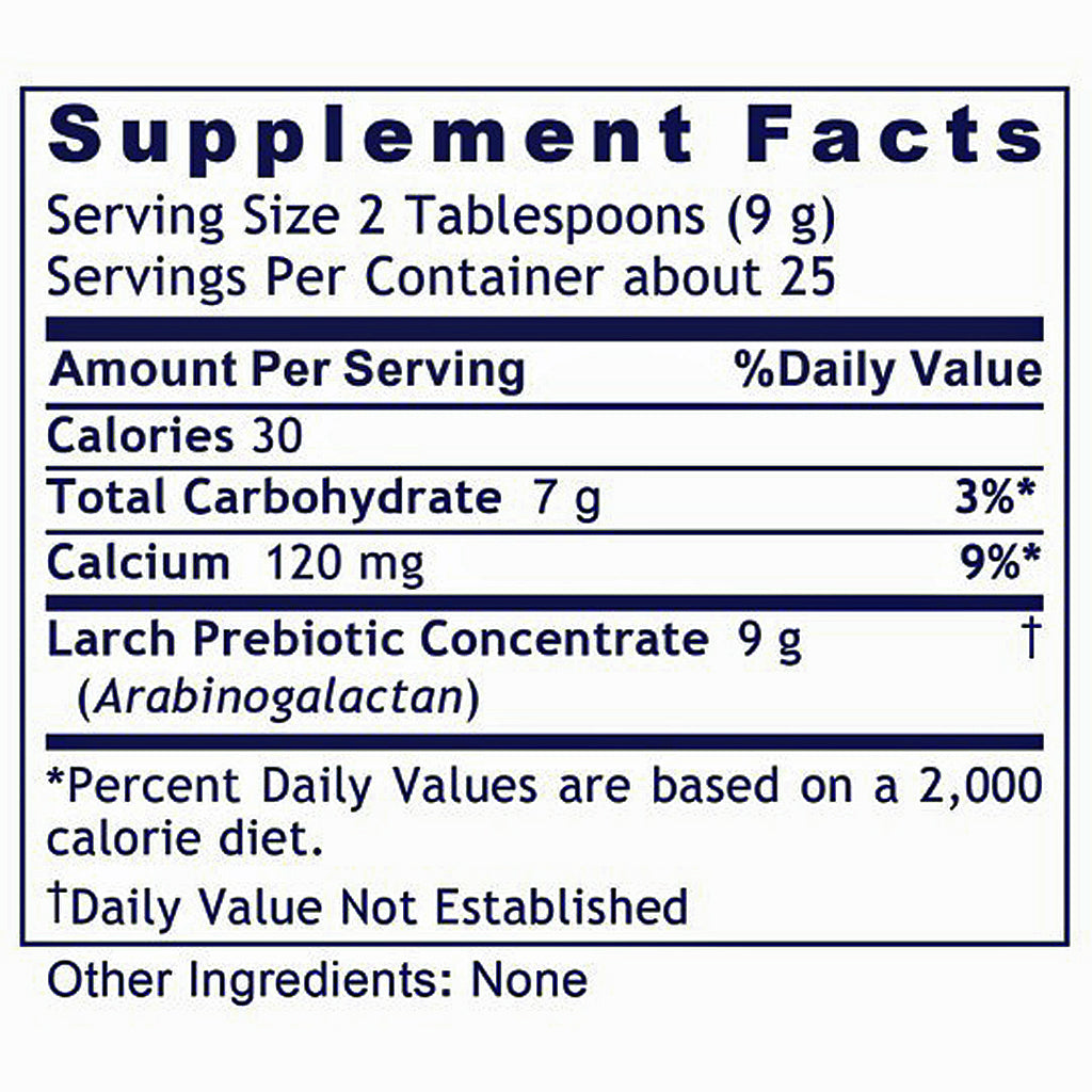 A close-up of a supplement facts label showing serving size 2 Tablespoons (9 g), servings per container about 25, calories 30, and a nutrition table with calcium 120 mg and lactob prebiotic concentrate 9 g.